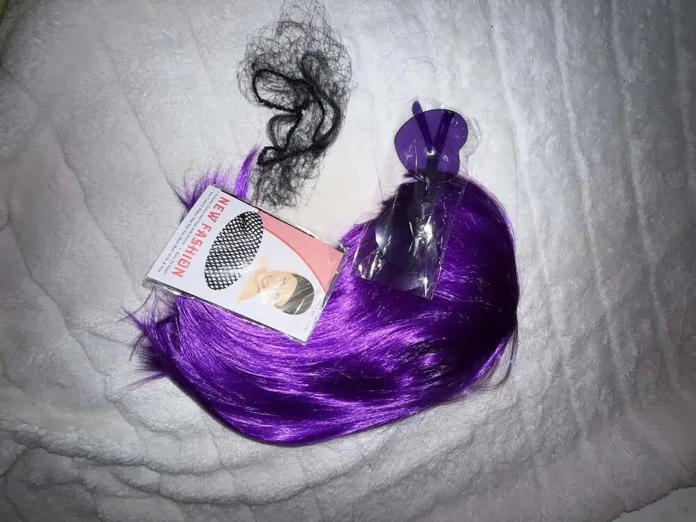 Short Purple Synthetic Bob Cosplay Wig with Hair Net and Accessories